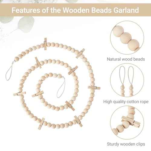 Mkono Hanging Photo Display with Clips, Boho Wooden Bead Garland Banner, Collage Card Picture Kids Art Holder String with 10 Clips for Christmas Bedroom Dorm Decor, Teen Girl Gifts, Brown, 2 Pack