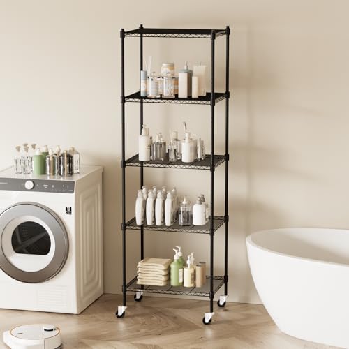 Black 5-Tier Heavy Duty Metal Storage Shelves with Wheels - Adjustable Garage & Kitchen Organizer