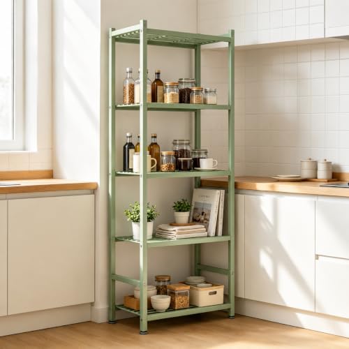 Sage Green 5-Tier Metal Storage Shelves - Adjustable Garage & Pantry Organizer