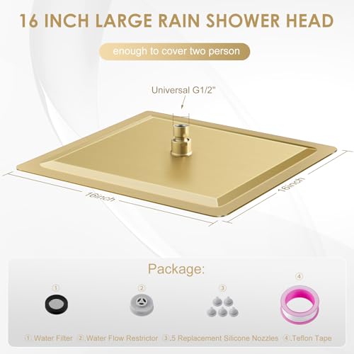 16 Inch Square Brushed Gold Rain Shower Head Ceiling Mount - All Metal Stainless Steel, Waterfall Bathroom Square Showerhead