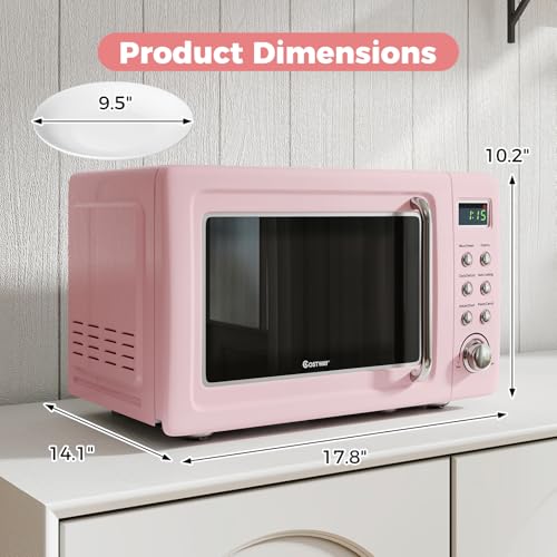 Pink Small Microwave Oven - 0.7 Cu.ft Countertop Retro Compact Kitchen Appliance - COSTWAY