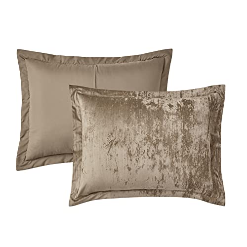 Fredsure Khaki King Comforter Set - 3 Pieces Crinkle Velvet & Microfiber, Light Fill