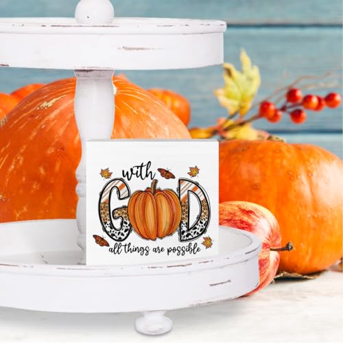 Fall Decor With God All Things Are Possible Christian Pumpkin Western Bible Verse Wooden Box Sign Positive Leopard Farmhouse Desk Decoration Rustic Thanksgiving Harvest Autumn Leaves Decor for Home Office