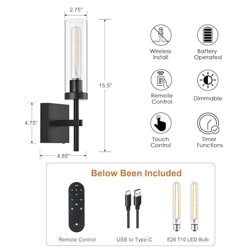 SANTOSTOCK Wireless Wall Sconces Set of 2 with Remote, Rechargeable 16 Inch Glass & Black Finish, Dimmable 3000K