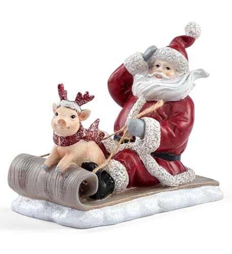 Napco Whimsical Santa on Sled with Festive Reindeer Pig Figurine 6.75