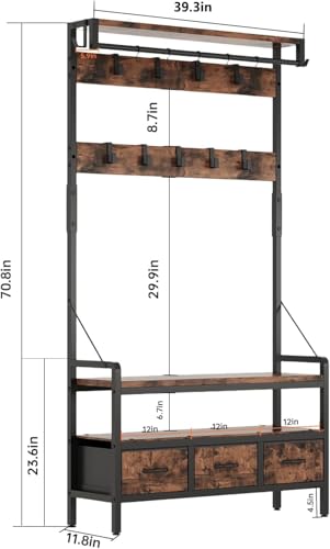 Entryway Hall Tree with Bench, Shoe Storage, 16 Hooks & 3 Drawers