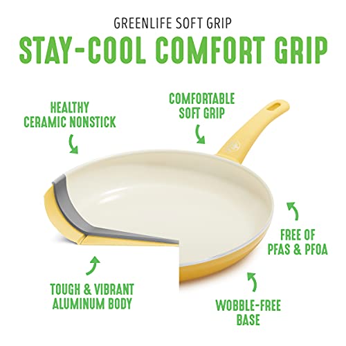 GreenLife Soft Grip Healthy Ceramic Nonstick, 1QT and 2QT Saucepan Pot Set with Lids, PFAS-Free, Dishwasher Safe, Yellow