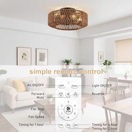 Dark Brown Rattan Ceiling Fan with Lights and Remote Control - Boho Fandelier 18 Inch