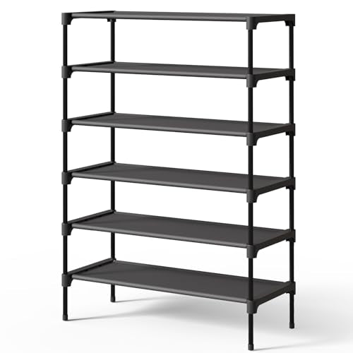 Kitsure 27.5" Black 6-Tier Non-Woven Shoe Rack Shelf - Stackable Organizer