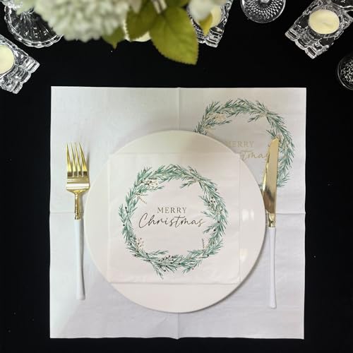 Green & Gold Wreath Christmas Paper Napkins - 6.5 x 6.5 Inches, 25-Count