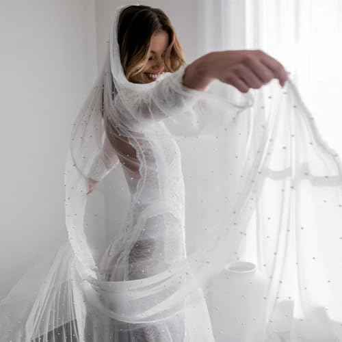 Tosleo White Pearl Table Cloth Valentine's Day Decor Tulle Fabric Lace Tablecloth Table Cover Bridal Veil Tablecloths Chiffon Table Covers for Christmas Wedding Birthday Party Arch(55 x 55 Inch)