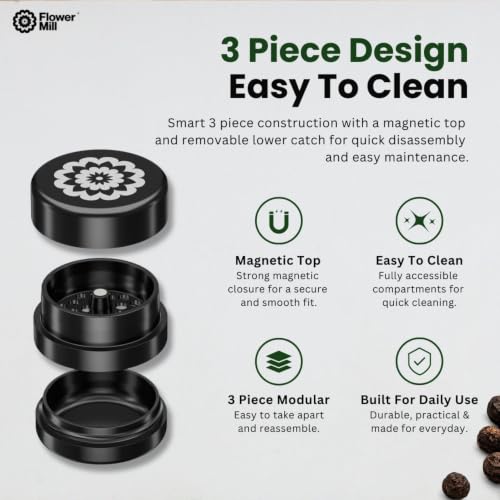 Flower Mill Next Gen 2.5-Inch Manual Dry Herb Grinder Black | Toothless Milling Technology