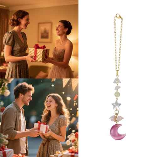 Moon Star Rearview Mirror Accessories Cute Pink Crystal Moon Star Lilly of The Valley Flower Sun Catcher Car Hanging Ornament Charm for Women Car Decor