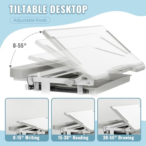 Kids Desk and Chair Set - Height Adjustable with Tiltable Desktop & LED Light - Grey