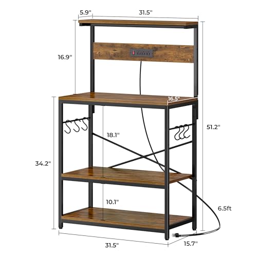 Bakers Rack with Power Outlets and Adjustable Shelves - Rustic Brown 31.5 Inch