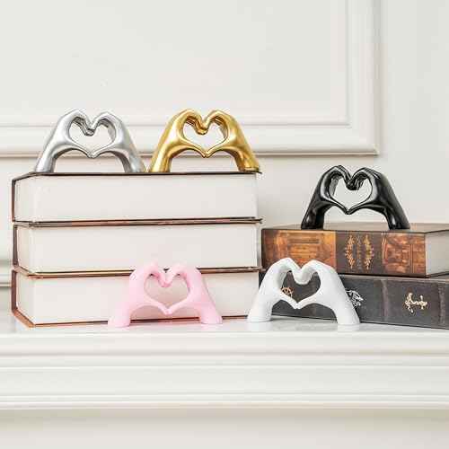 Small Heart Hands Sculpture Decor for Living Room Bedroom Bookshelf Coffe Table and Office Display, Love Finger Statue Modern Aesthetic Home Decor, Unique Gift for Wedding Christmas Birthday (Pink)