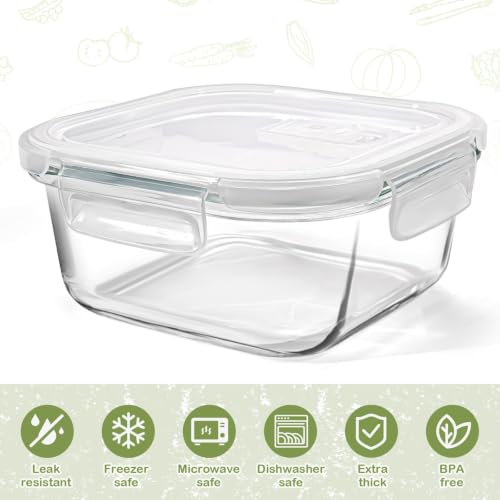 Square Glass Food Storage Containers with Lids - 24 oz, 6 Pack