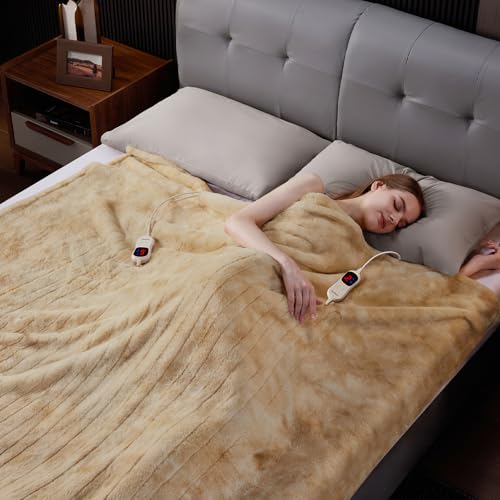 Guohaoi Beige 90x100-Inch Faux Rabbit Fur Heated Blanket with 10 Heat Settings