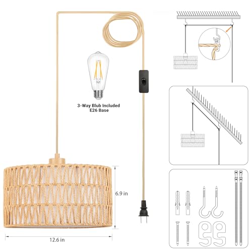 Qingmiao Boho Plug-in Pendant Light with Handwoven Shade - 3-Way Dimmable, 14ft Cord, Cylinder Drum Variant