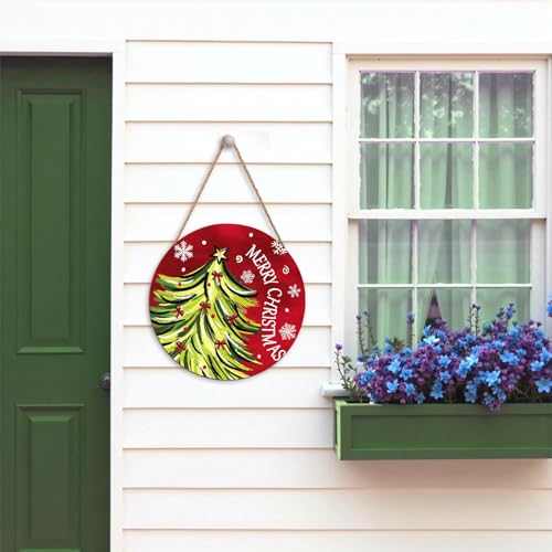 Merry Christmas Door Sign,Christmas Tree Decorations Wooden Holiday Hanging Sign for Front Door,Winter Red Christma Decorations for Home Garden Christm New Year 12"x12"