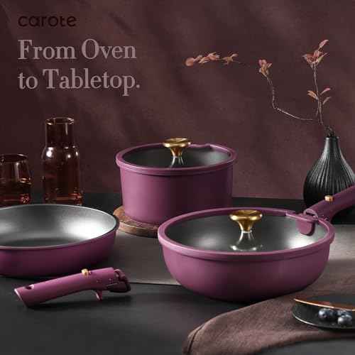 CAROTE 21pcs Pots and Pans Set, Nonstick Cookware Set Detachable Handle, Induction Kitchen Cookware Sets Non Stick with Removable Handle, RV Cookware Set, Gold and Purple