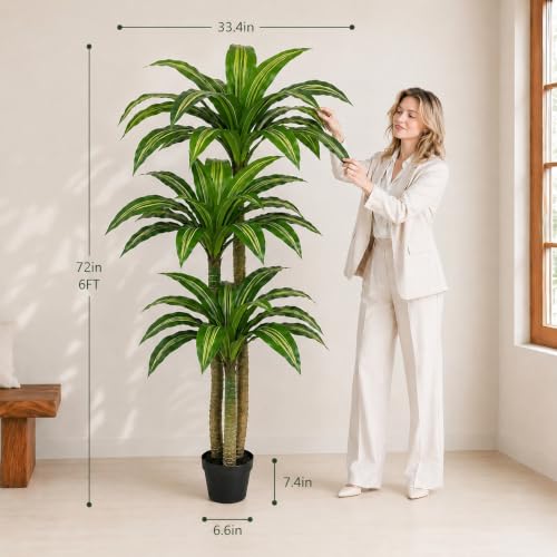 FLEURIFI 6FT Artificial Dracaena Tree with 3 Thick Trunks - Faux Indoor Floor Plant