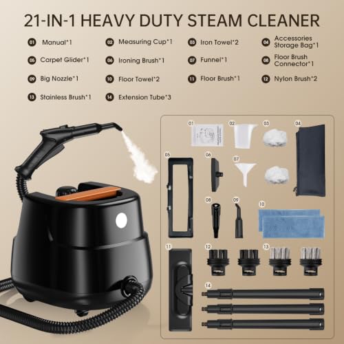 Black 21-in-1 Chemical-Free Steam Cleaner, Multipurpose Heavy-Duty Steamer