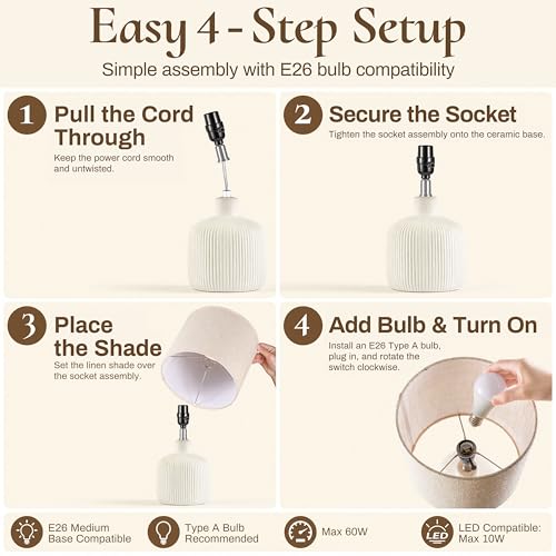 Ceramic Table Lamp Off-White 17.75" Rustic Farmhouse Decor - KAWOTI