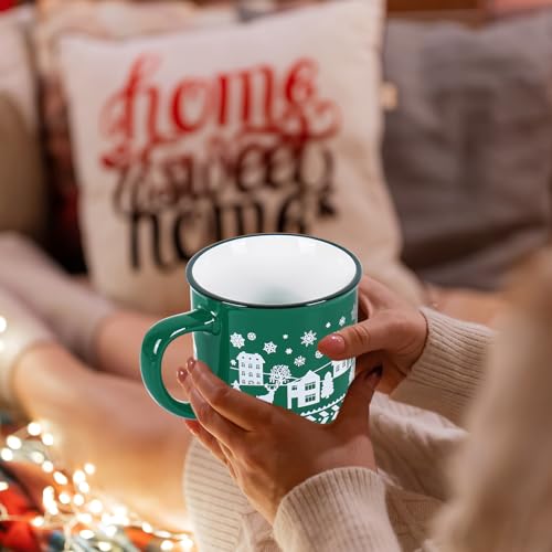 Christmas Enamel Mug Set – 15oz Holiday Coffee Cups with Red & Green Designs