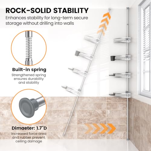 Foukus Chrome Adjustable Tension Pole Shower Caddy - Rustproof Corner Bathroom Organizer