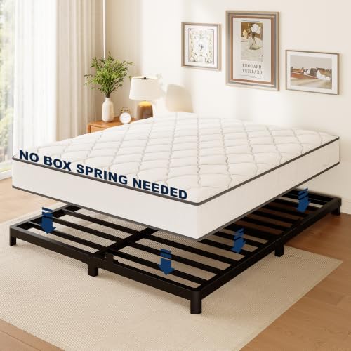 Queen Bed Frame - Black Low Profile Metal Platform Bed with Round Legs - Queen (U.S. Standard) Variation