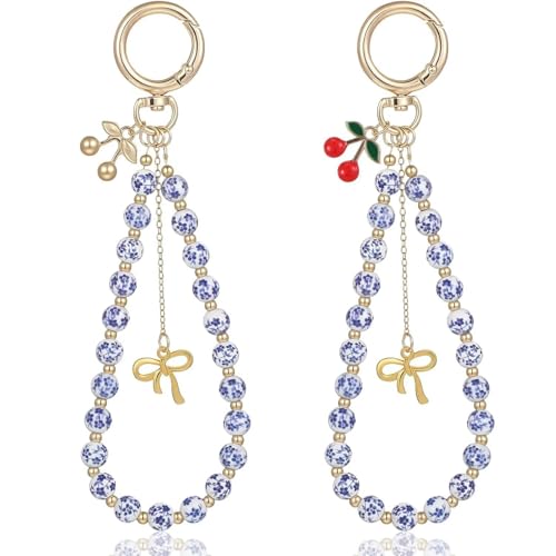 Blue Drop Style A Cherry Beaded Porcelain Keychain - Ethnic Vintage Wristlet & Bag Pendant