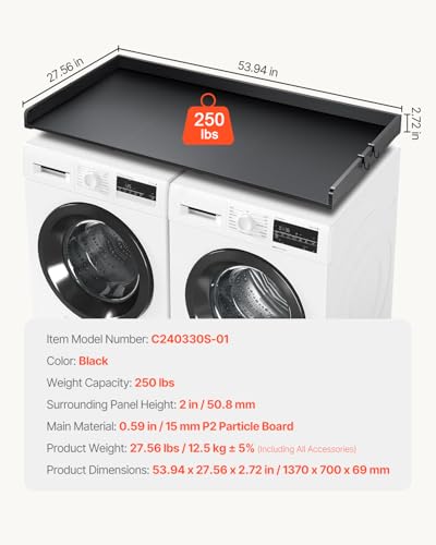 Black Countertop for Washer Dryer with Splicing Panels - 54x27in Water-Resistant Laundry Topper