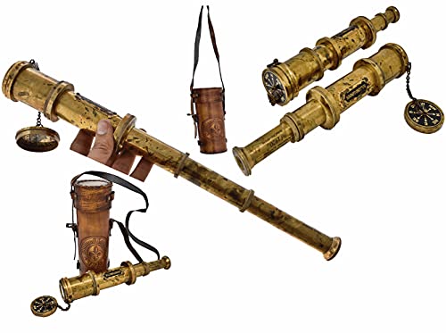 18-Inch Brass Pirate Telescope with Leather Case, Marine Spyglass for Adults & Nautical Gift