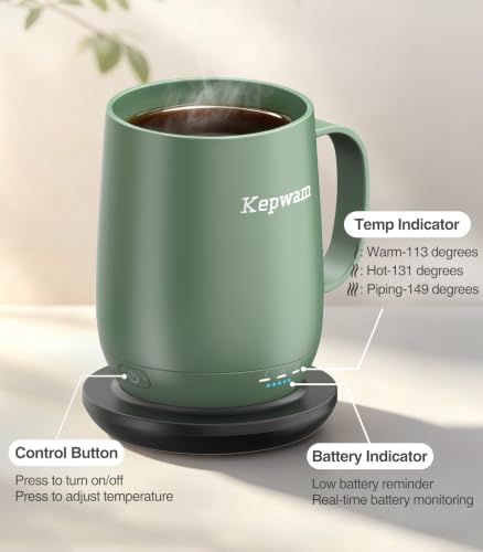 Kepwam 14oz Self-Heating Coffee Mug with 3 Temperature Settings – Rechargeable Heated Travel Mug