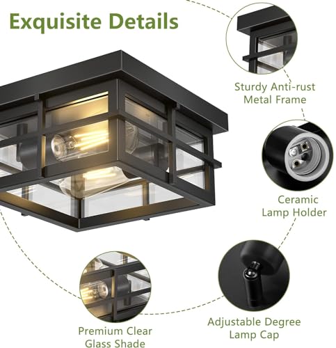 2-Light Modern Outdoor Ceiling Light Fixture with Clear Glass Shade - Black Farmhouse Square Flush Mount
