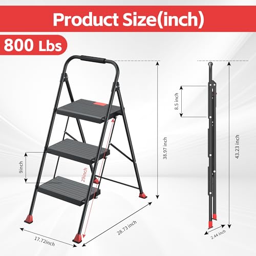 DiamondForge Red 3-Step Foldable Ladder Stool Heavy Duty for Home Kitchen