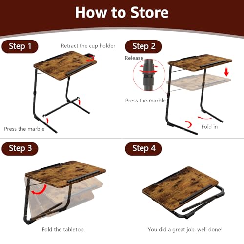 Rustic Folding TV Trays Set of 2 - Adjustable Height Wooden Couch Tables with Cup Holder