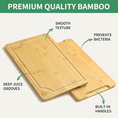 Bamboo Cutting Board Set for Kitchen - Chopping Board Set of 3 with Groove and Cutting Board Rack, Ideal for Bamboo Chopping Board Set for Chopping Meat, Vegetables, Fruits, Cheese