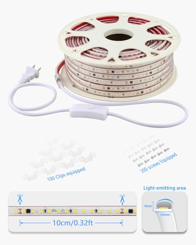 Samsion Waterproof 100FT/30M Outdoor LED Rope Light Warm White AC 110V-120V IP67 Self-Adhesive