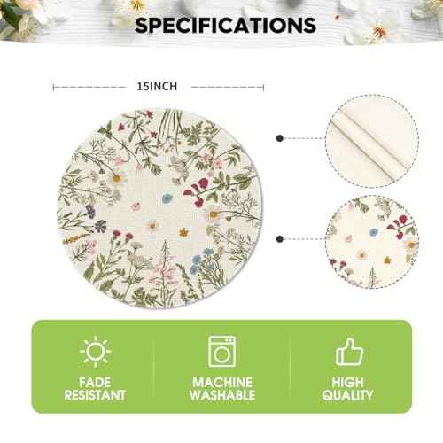 Artoid Mode Antique Herbs Wild Flowers Spring Placemats Set of 4, 14 Inch Summer Round Table Mats for Dining Decoration