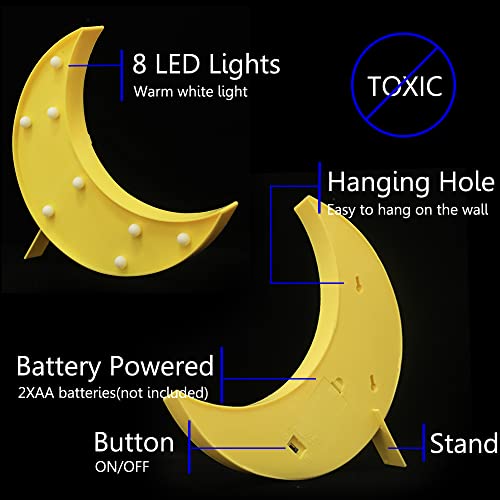 LED Moon Shaped Marquee Signs, Light Up Night Lights Battery Operated Crescent Moon Lamp for Bedroom, Christmas, Birthday Party Decor - Yellow