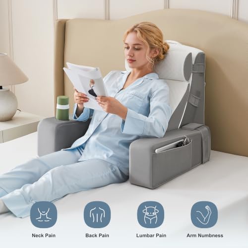 Light Gray Reading Pillow for Bed with Adjustable Armrests & Side Pockets - 5PCS Set