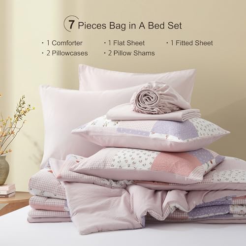 Queen Comforter Set with Sheets - Misty Pink Floral 7-Piece Bed in a Bag - Oli Anderson