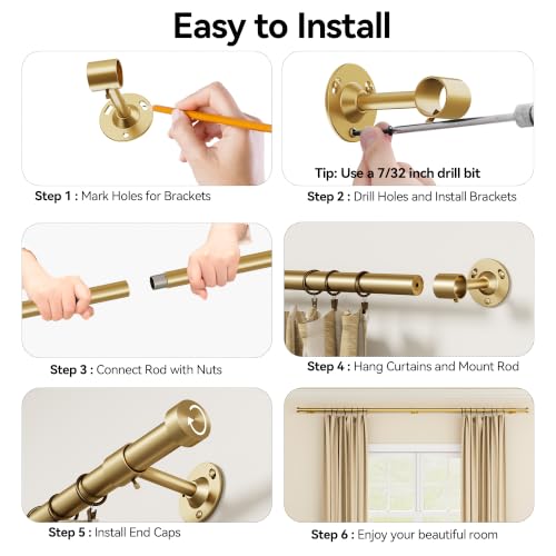 Gold Adjustable Curtain Rods 32-120 Inch Heavy Duty Metal Window Treatment