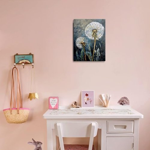 Dandelion Canvas Wall Art - Framed Wildflower Botanical Painting | Serene Blue Gray Rustic Decor, 12x16 Inches