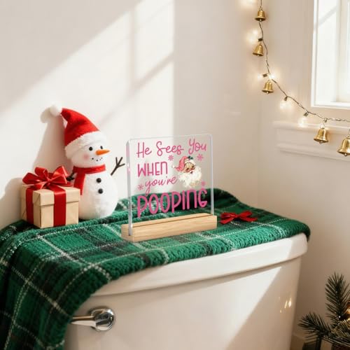 Christmas Bathroom Decor, Funny Pink Christmas Decorations, Santa Claus Acrylic Bathroom Table Decoration He Sees You When You're Pooping Sign, Home Shelf Desk Decor for Toilet 4x4 Inches