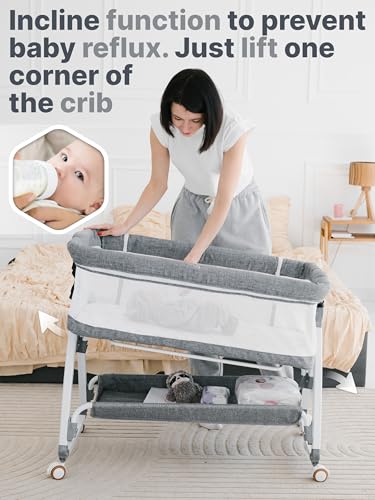 Kids Bedside Bassinet with Mesh Sides, Rocking & Adjustable Height - Grey & White Crib