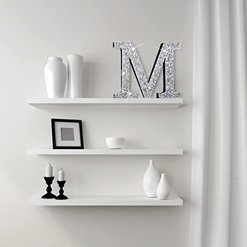 Qunclay Crystal Diamond Bling Letters Crushed Diamond Decorations Wooden Glitter Letters with Screw and Hooks Rhinestone Gifts for Christmas Wedding Bedroom Wall Decor(5.7"l X 5.7"w,Letter M,Silver)