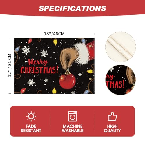 Artoid Mode Xmas Ball Merry Christmas Placemats Set of 6, 12x18 Inch Seasonal Winter Holiday Black Table Mats for Party Kitchen Dining Decoration